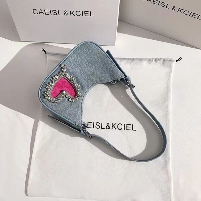 Chic Denim Heart Studded Shoulder Bag - BA023