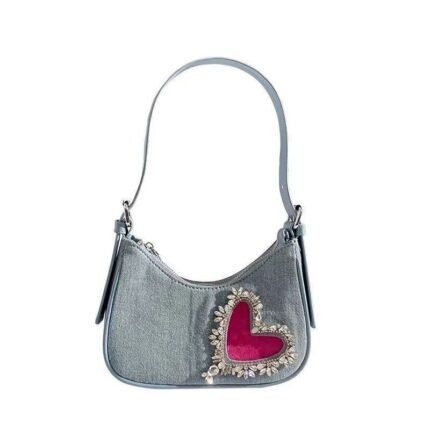 Chic Denim Heart Studded Shoulder Bag - BA023