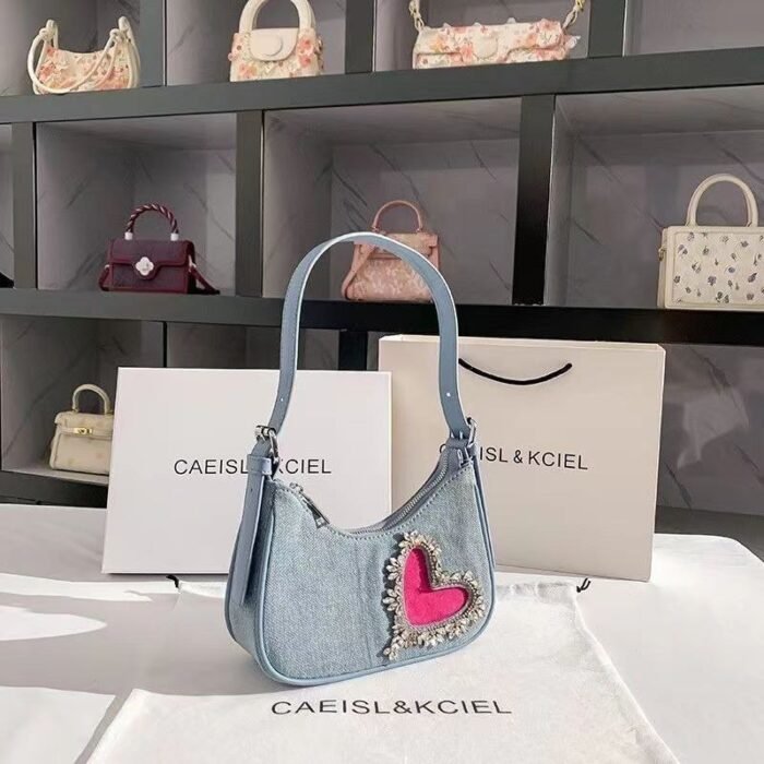 Chic Denim Heart Studded Shoulder Bag - BA023