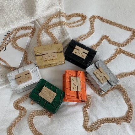mini bag with a Gold chain strap and a crocodile-patterned - BA004
