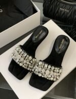 Mimisi Women's Square Toe Crystal Pearl Slides