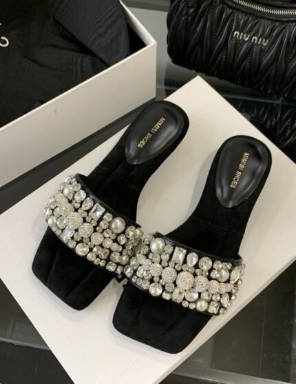 Mimisi Women's Square Toe Crystal Pearl Slides
