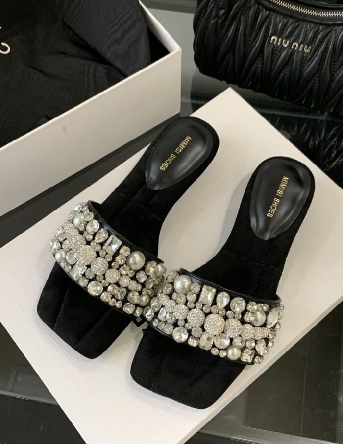Mimisi Women's Square Toe Crystal Pearl Slides