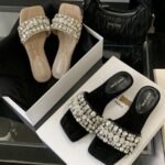 Mimisi Women's Square Toe Crystal Pearl Slides
