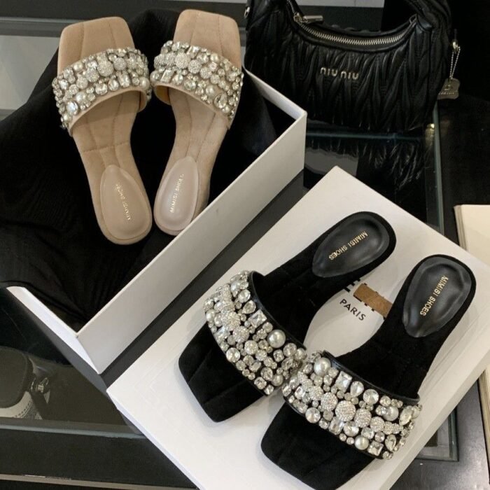 Mimisi Women's Square Toe Crystal Pearl Slides