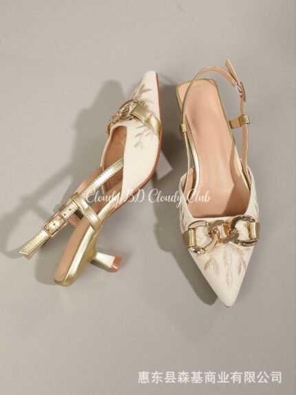 Elegant Women's Slingback Heels Embroidered & Buckle - N0199