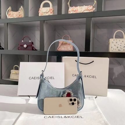 Chic Denim Heart Studded Shoulder Bag - BA023