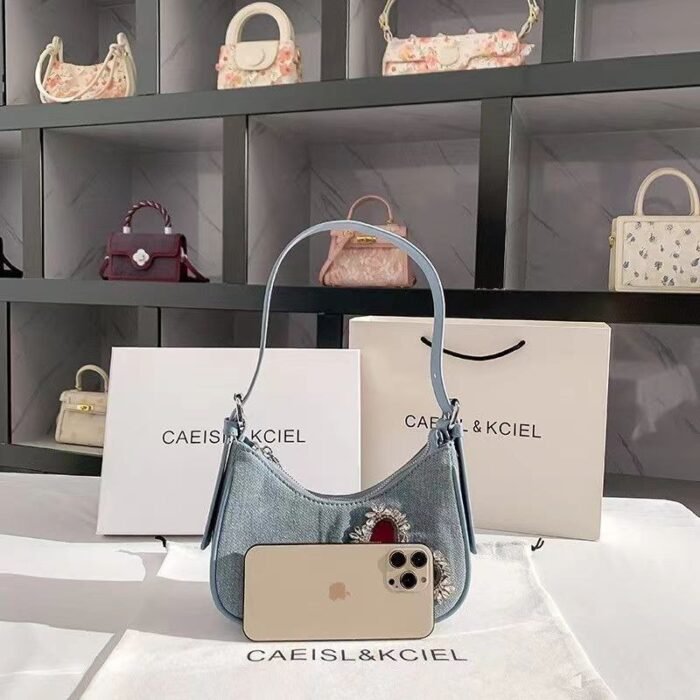 Chic Denim Heart Studded Shoulder Bag - BA023