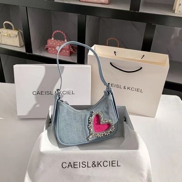 Chic Denim Heart Studded Shoulder Bag - BA023