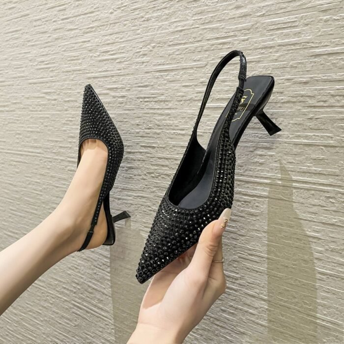 Sparkling Pointed Toe Kitten Heel Slingback Pumps - (S0056)