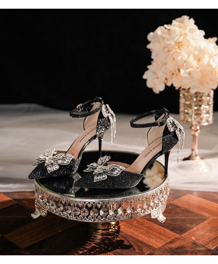 Elegant Glitter Bridal Heels with Crystal Butterfly  N0005