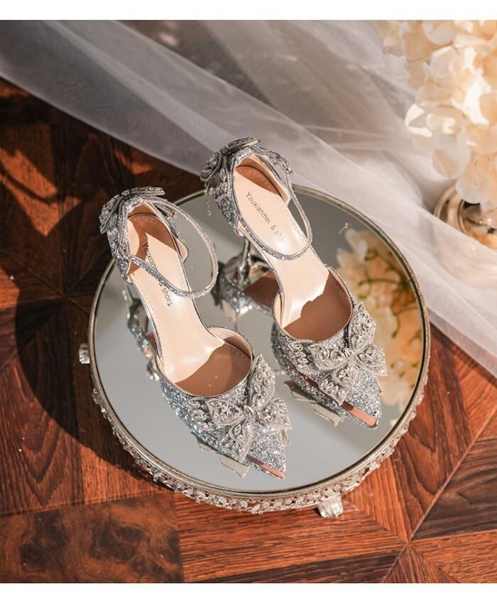 Elegant Glitter Bridal Heels with Crystal Butterfly  N0005