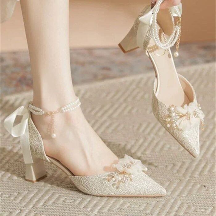 Elegant Lace Pearl Wedding Shoes for Women 6cm heel- N0195