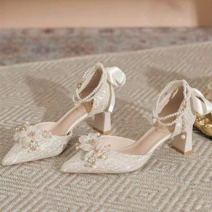 Elegant Lace Pearl Wedding Shoes for Women 6cm heel- N0195