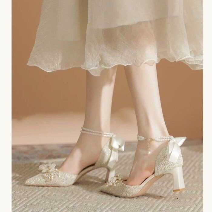 Elegant Lace Pearl Wedding Shoes for Women 6cm heel- N0195
