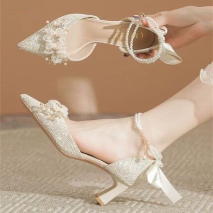 Elegant Lace Pearl Wedding Shoes for Women 6cm heel- N0195