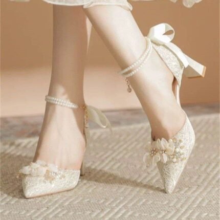 Elegant Lace Pearl Wedding Shoes for Women 6cm heel- N0195
