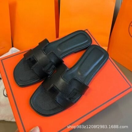 Hermes Style H-Cut Women's Leather Slide Sandals - C0049
