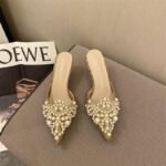 Women's Pointy Toe Pearls Mid Heels Slipper X0002