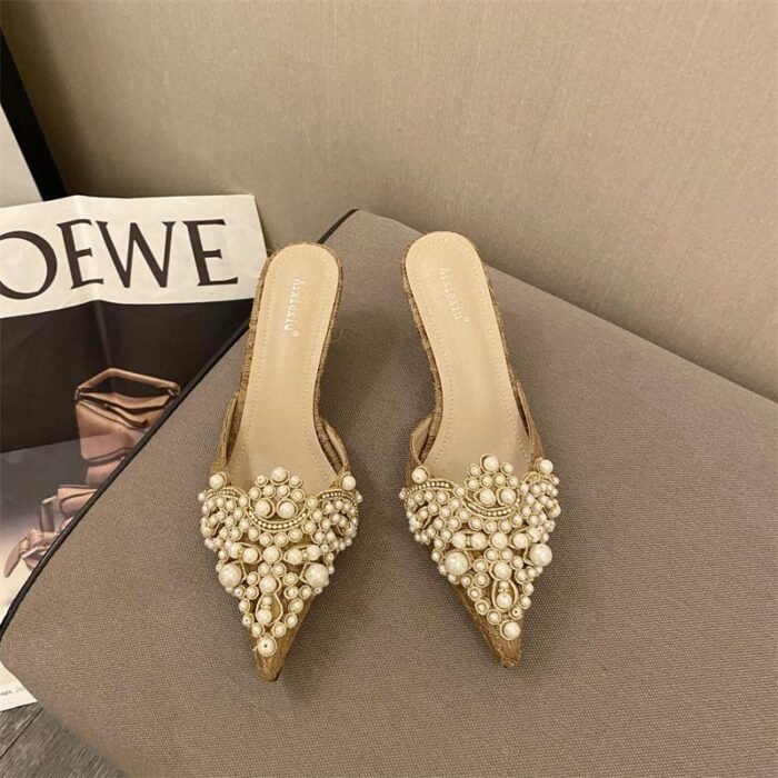 Women's Pointy Toe Pearls Mid Heels Slipper X0002