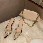 Women's Pointy Toe Pearls Mid Heels Slipper X0002