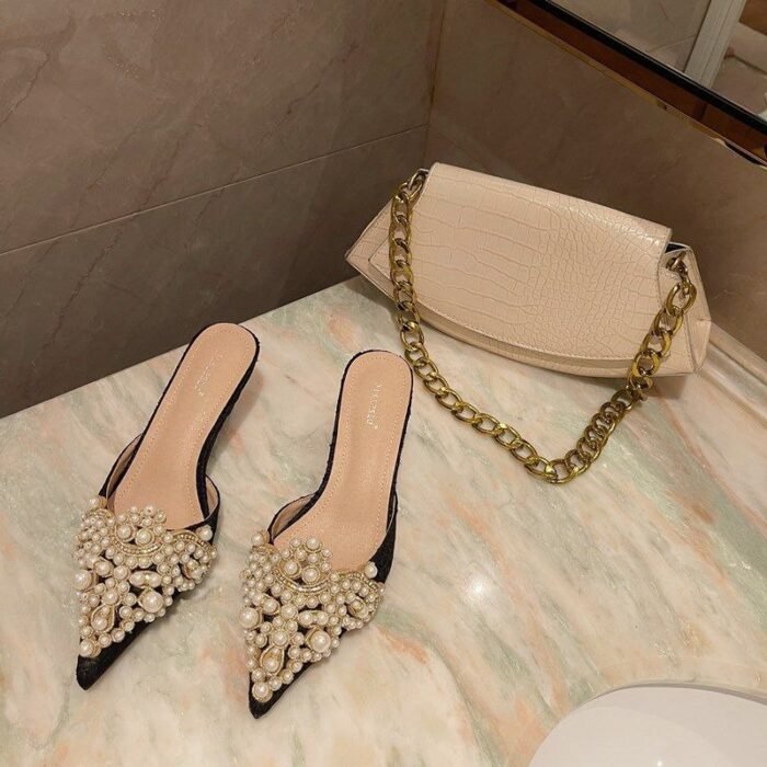 Women's Pointy Toe Pearls Mid Heels Slipper X0002