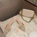 Women's Pointy Toe Pearls Mid Heels Slipper X0002