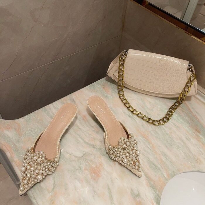 Women's Pointy Toe Pearls Mid Heels Slipper X0002