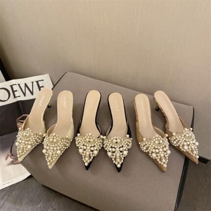 Women's Pointy Toe Pearls Mid Heels Slipper X0002