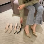 Women's Pointy Toe Pearls Mid Heels Slipper X0002
