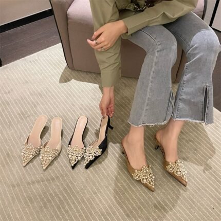 Women's Pointy Toe Pearls Mid Heels Slipper X0002