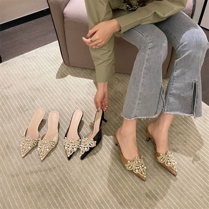 Women's Pointy Toe Pearls Mid Heels Slipper X0002