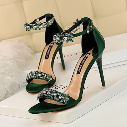 BIGTREE Women's Embellished Satin High Heel Sandals 10cm - B0027
