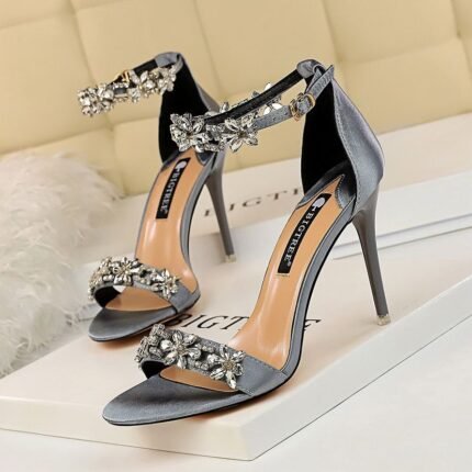 BIGTREE Women's Embellished Satin High Heel Sandals 10cm - B0027  