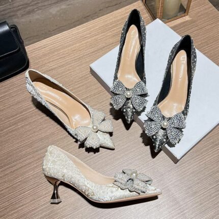 Luxury Pearl Bowknot Crystal High Heels - N0031