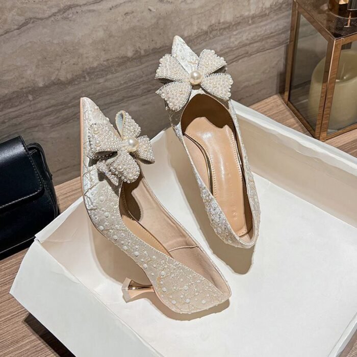 Luxury Pearl Bowknot Crystal High Heels  - N0031