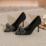 Elegant Black Pointed Toe Heels with Crystal Bow - S0075