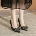 Elegant Black Pointed Toe Heels with Crystal Bow - S0075