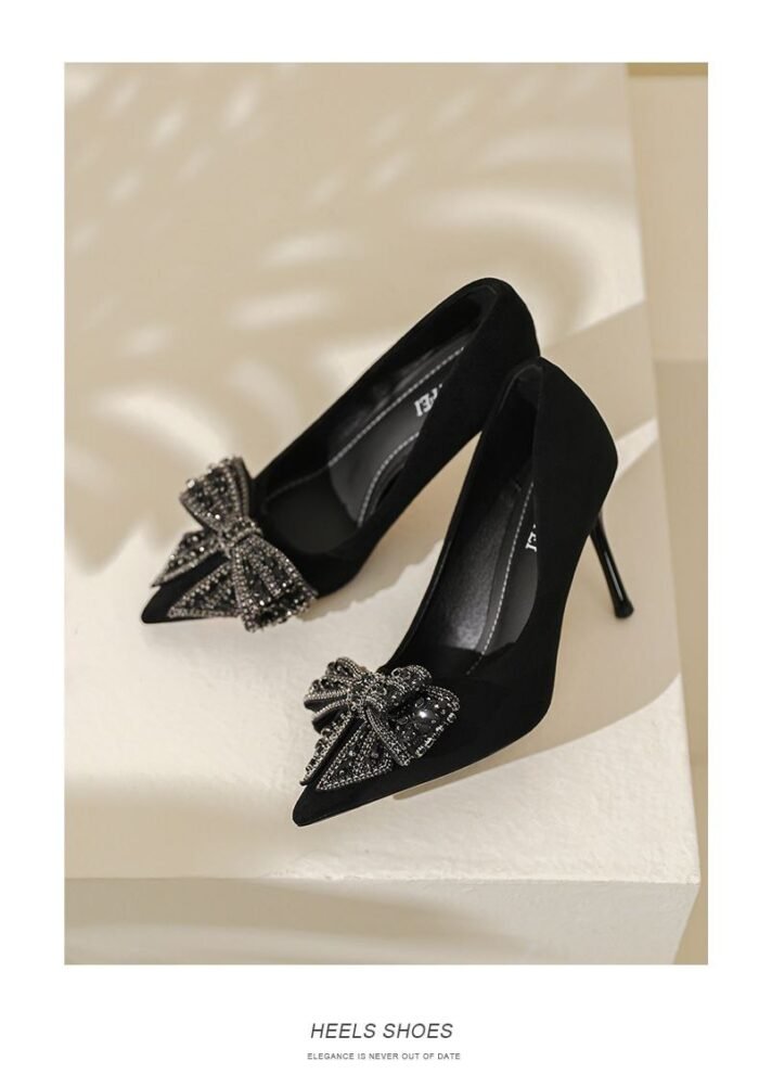 Elegant Black Pointed Toe Heels with Crystal Bow - S0075