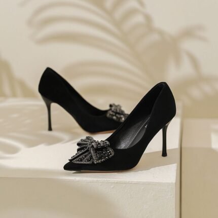 Elegant Black Pointed Toe Heels with Crystal Bow - S0075
