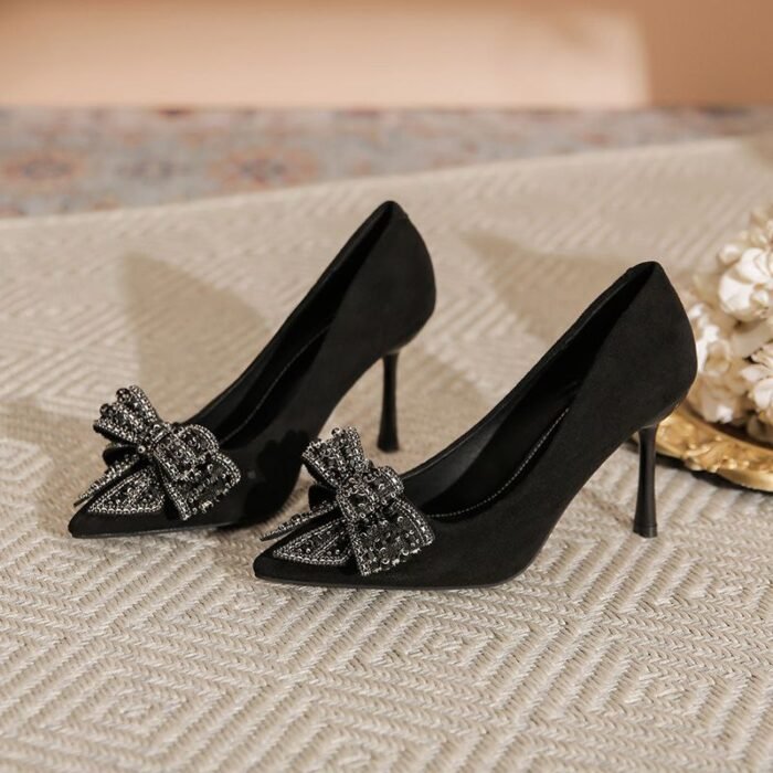 Elegant Black Pointed Toe Heels with Crystal Bow - S0075