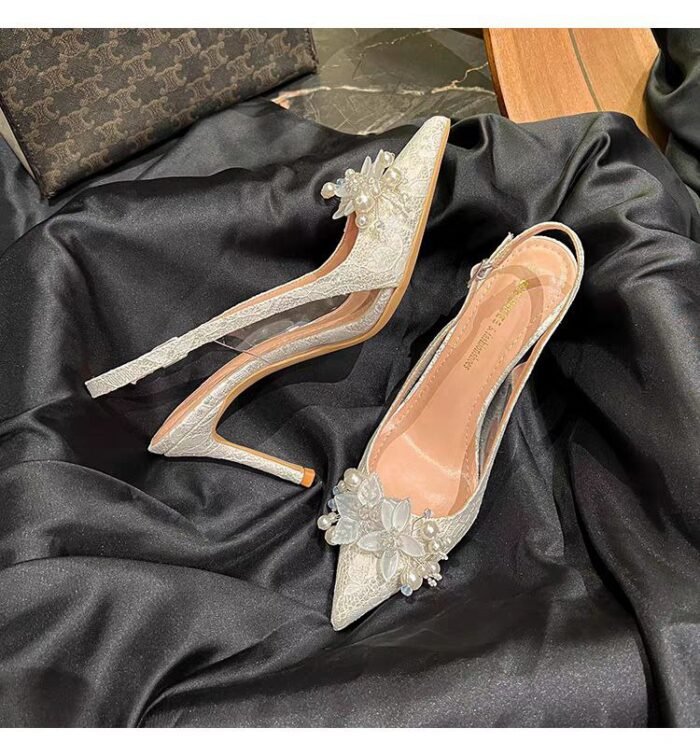 Elegant White Lace Pearl Embellished Slingback Heels - N0208