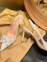 Elegant White Lace Pearl Embellished Slingback Heels - N0208