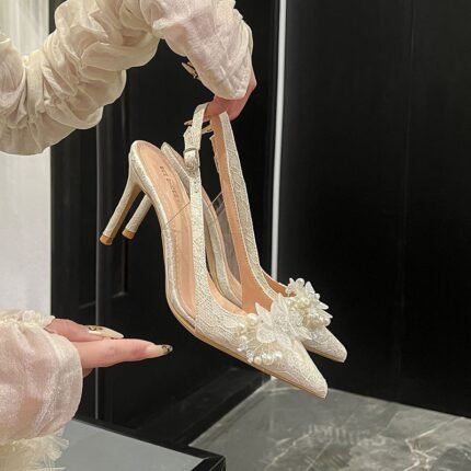 Elegant White Lace Pearl Embellished Slingback Heels - N0208