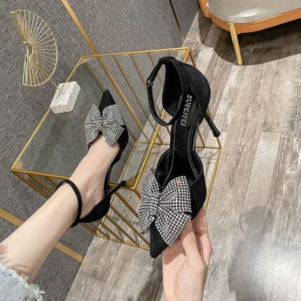 SUFEIFEI Black Rhinestone Ankle Strap Heels - NN011