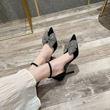 SUFEIFEI Black Rhinestone Ankle Strap Heels - NN011