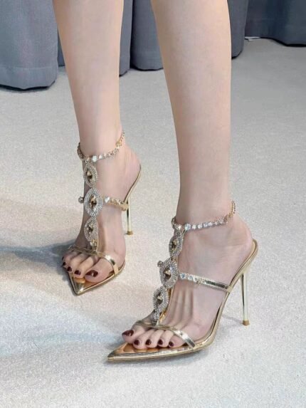 Gold Rhinestone Chain Stiletto Heels - NN012