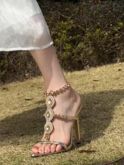Gold Rhinestone Chain Stiletto Heels - NN012