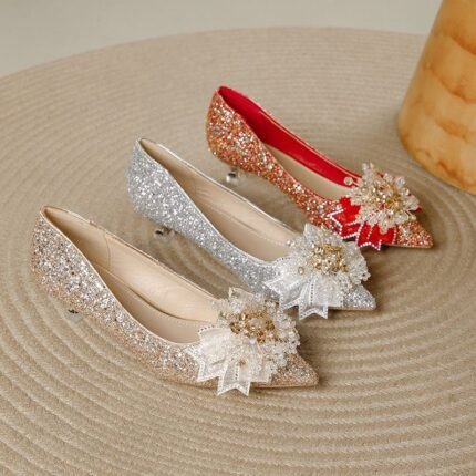 Elegant Glitter & Flower Low Heel Pumps - NN014