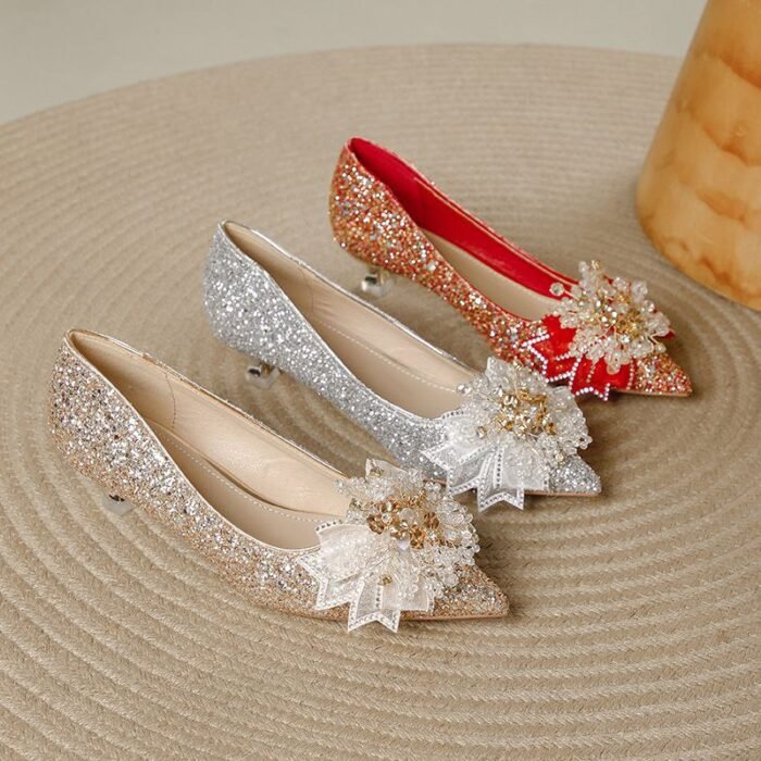 Elegant Glitter & Flower Low Heel Pumps - NN014